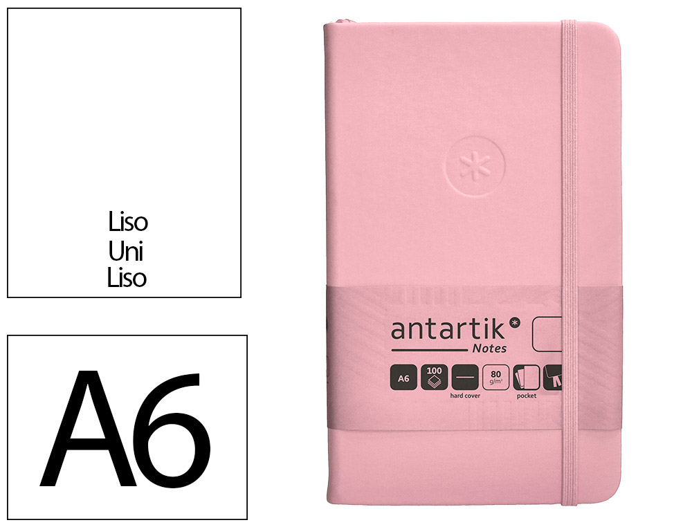 CARNET A6 ANTARTIK NOTES PAPIER UNI IVOIRE COUVERTURE  RIGIDE FERMETURE ELASTIQUE 100PAGES 80GR COLORIS ROSE PASTEL