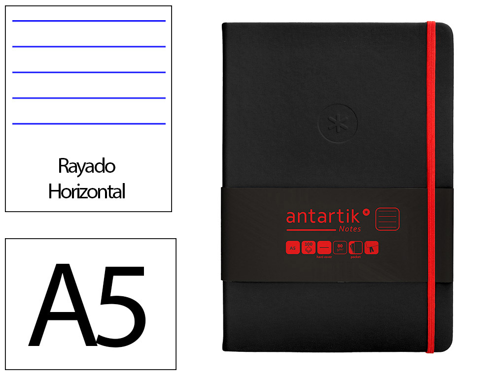 CARNET A5 ANTARTIK NOTES LIGNECOUVERTURE RIGIDE FERMETURE   ELASTIQUE ROUGE 100 PAGES 80GRCOLORIS NOIR