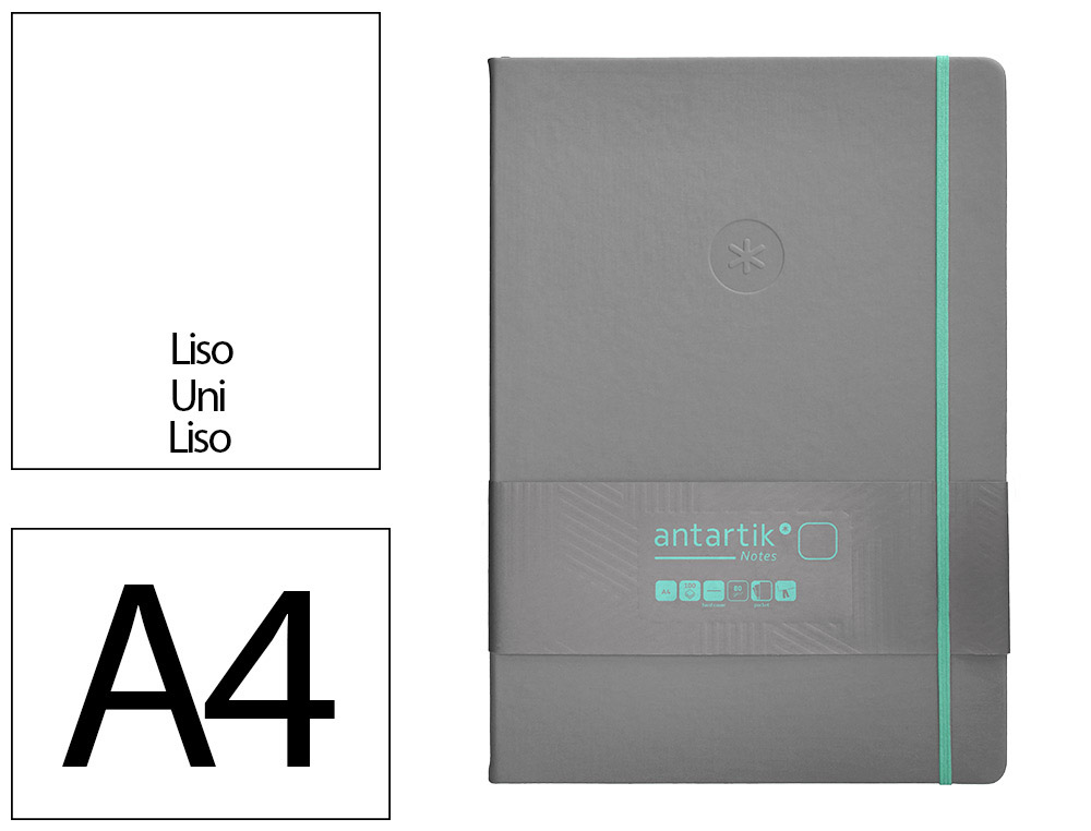 CARNET A4 ANTARTIK NOTES PAPIER UNI IVOIRE COUVERTURE RIGIDE FERMETURE ELASTIQUE TURQUOISE 100 PAGES 80GR COLORIS GRIS
