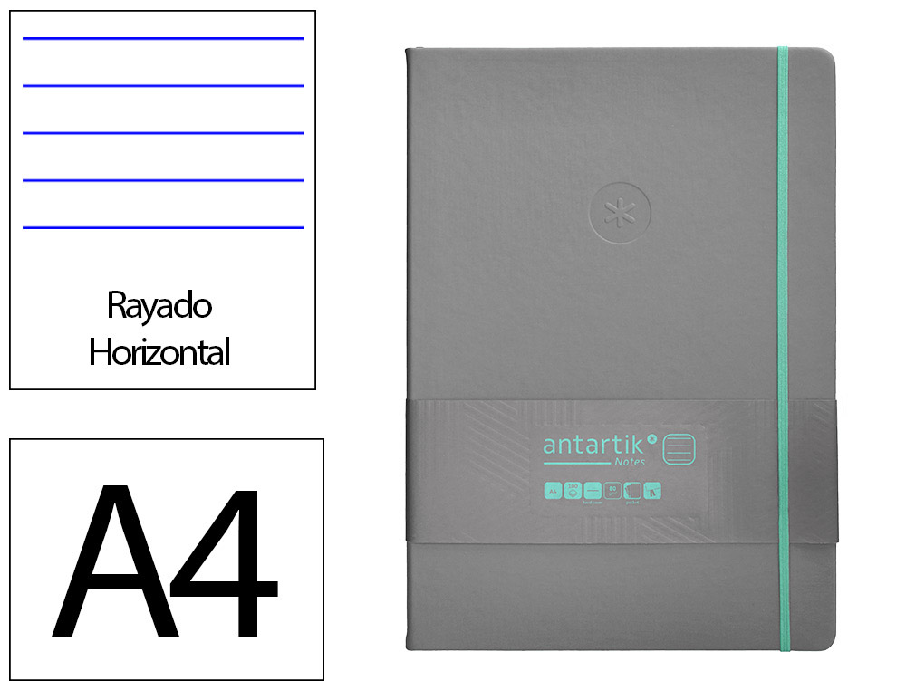 CARNET A4 ANTARTIK NOTES LIGNECOUVERTURE RIGIDE FERMETURE   ELASTIQUE TURQUOISE 100 PAGES 80GR COLORIS GRIS