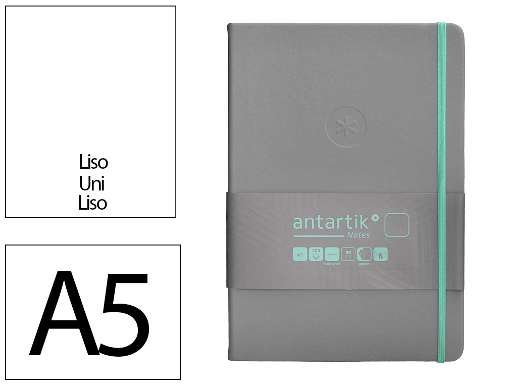CARNET A5 ANTARTIK NOTES PAPIER UNI IVOIRE COUVERTURE RIGIDE FERMETURE ELASTIQUE TURQUOISE 100 PAGES 80GR COLORIS GRIS