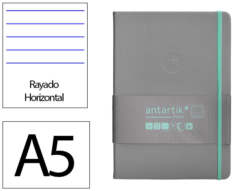 CARNET A5 ANTARTIK NOTES LIGNECOUVERTURE RIGIDE FERMETURE   ELASTIQUE TURQUOISE 100 PAGES 80GR COLORIS GRIS