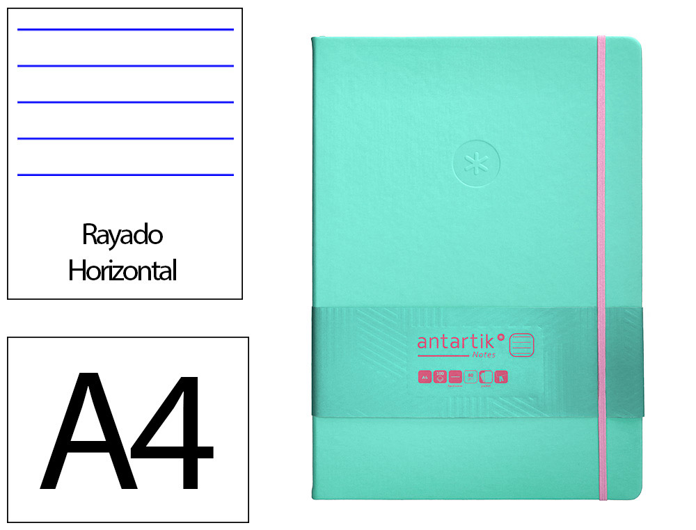 CARNET A4 ANTARTIK NOTES LIGNECOUVERTURE RIGIDE FERMETURE   ELASTIQUE ROSE 100 PAGES 80GR COLORIS TURQUOISE
