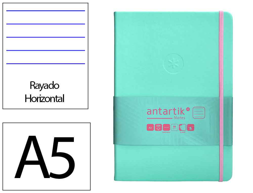 CARNET A5 ANTARTIK NOTES LIGNECOUVERTURE RIGIDE FERMETURE   ELASTIQUE ROSE 100 PAGES 80GR COLORIS TURQUOISE