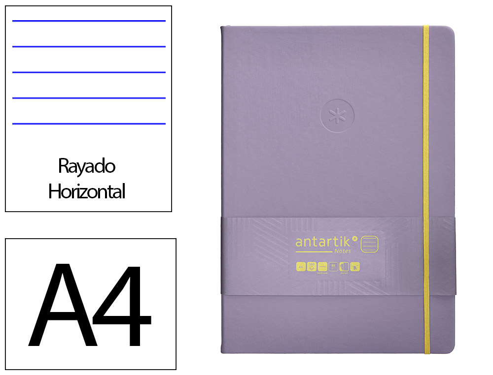 CARNET A4 ANTARTIK NOTES LIGNECOUVERTURE RIGIDE FERMETURE   ELASTIQUE JAUNE 100 PAGES 80GRCOLORIS LILAS