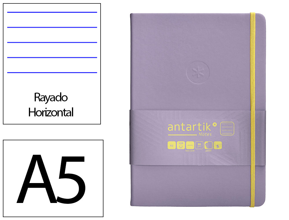 CARNET A5 ANTARTIK NOTES LIGNECOUVERTURE RIGIDE FERMETURE   ELASTIQUE JAUNE 100 PAGES 80GRCOLORIS LILAS