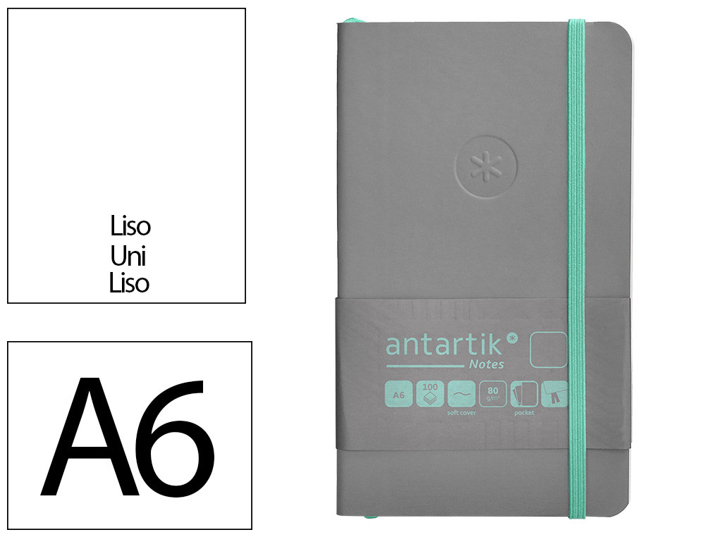 CARNET A6 ANTARTIK NOTES PAPIER UNI IVOIRE COUVERTURE SOUPLE FERMETURE ELASTIQUE TURQUOISE 100 PAGES 80GR COLORIS GRIS