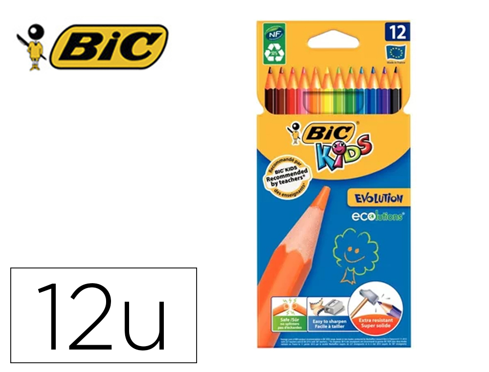 LOT BIC KIDS EVOLUTION 12 ETUIS DE 12 CRAYONS COULEUR   DIAM. 8MM DONT 3 OFFERTS      COLORIS ASSORTIS