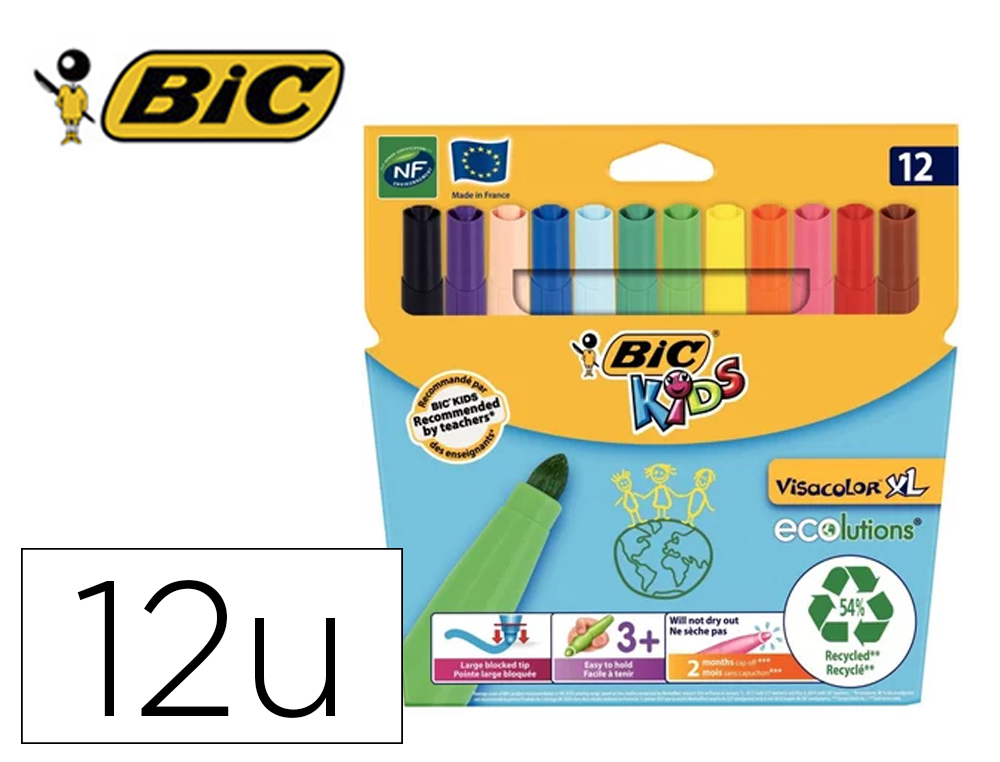LOT BIC VISACOLOR XL 12 POCHETTES DE 12 FEUTRES       POINTE LARGE DONT 2 GRATUITES COLORIS ASSORTIS