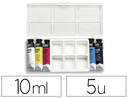 GOUACHE PBO COULEURS LUMINEUSES FORT POUVOIR COUVRANT COLORIS ASSORTIS BOTE 5 TUBES 10ML + 1 PALETTE