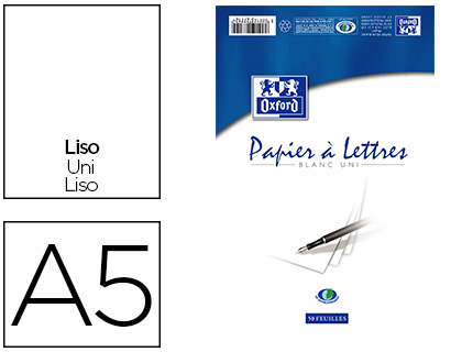 BLOC CORRESPONDANCE OXFORD PAPIER VLIN SUPRIEUR 80G/M2 A5 148X210MM TRAVERS BUVARD ET GUIDE LIGNE 50 FEUILLES