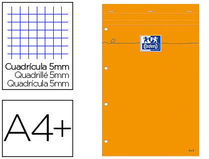 BLOC BUREAU OXFORD A4+ PERFOR VLIN SURFIN AGRAF EN TTE COUVERTURE ENVELOPPANTE 210X320MM 80F 80G 5X5MM ORANGE