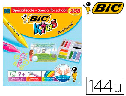 CRAYON CIRE BIC KIDS PLASTIDCOR TRIANGLE GROS 90MM DIAMTRE 12MM RSISTANT NON SALISSANT COFFRET COLE 144 UNITS
