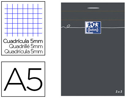 BLOC BUREAU OXFORD A5 PAPIER VLIN SURFIN AGRAF TTE COUVERTURE ENVELOPPANTE 148X210MM 80F 80G 5X5MM NOIR