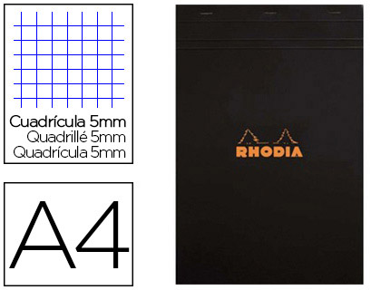 Notebook Rhodia Classic reliure intégrale 16x21 cm 160 pages petits carreaux  5x5 détachables 80g - Noir sur