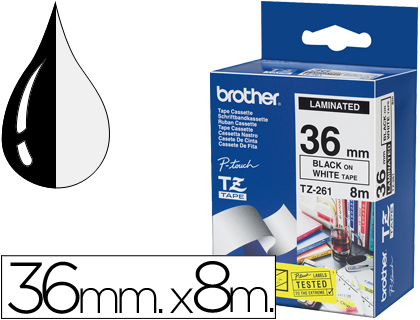 RUBAN LAMIN TZE POUR TITREUSE BROTHER P-TOUCH TZE261 36MM COLORIS IMPRESSION NOIR/BLANC