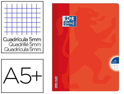 CAHIER PIQU OXFORD OPENFLEX COUVERTURE POLYPROPYLNE TRANSPARENTE RAINURE A5+ 17X22CM 96 PAGES 5X5MM PAGE DE GARDE