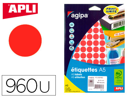 PASTILLE ADHSIVE APLI AGIPA DIAMTRE 15MM COLORIS ROUGE TUI A5 POCHETTE 960 UNITS