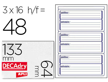 TIQUETTE ADHSIVE COURRIER APLI AGIPA EXPDITEUR-DESTINATAIRE 64X133MM TUI FORMAT A5 48 UNITS
