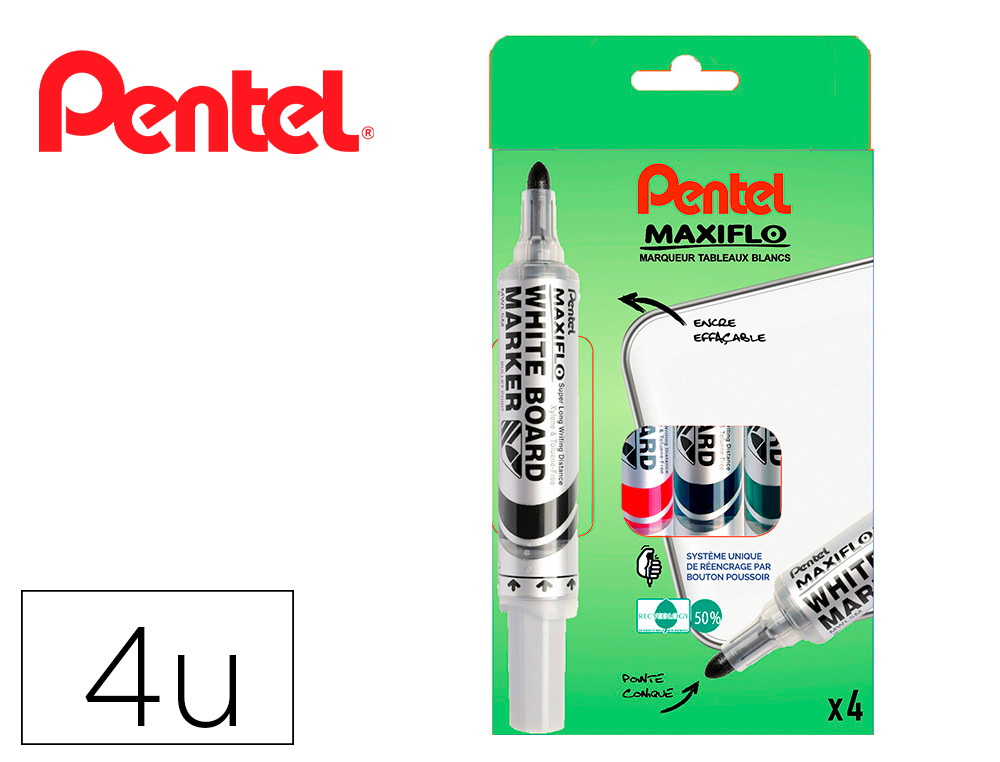 MARQUEUR PENTEL MAXIFLO EFFAABLE TABLEAU BLANC POINTE LARGE ENCRE LIQUIDE NIVEAU VISIBLE PACK 4 UNITS ASSORTIES