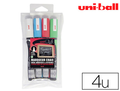 MARQUEUR UNIBALL CRAIE CHALK FINE 1.8/2.5MM IDEALE ARDOISE S VITRINES RSISTE PLUIE COULEURS LUMINEUSES BOTE 4 UNITS