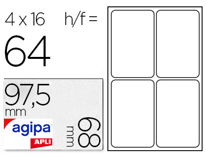 TIQUETTE ADHSIVE APLI AGIPA MULTI-USAGE 97.5X68MM LASER JET D'ENCRE FORMATS PARAMTRS TUI A5 64 UNITS