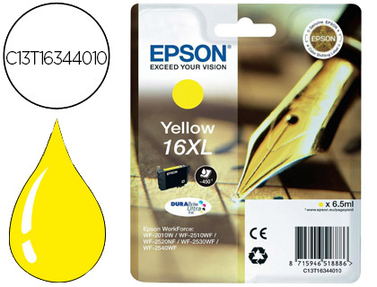 CARTOUCHE EPSON T1634 JET D'ENCRE C13T16344010 COULEUR JAUNE HAUTE CAPACIT 450P