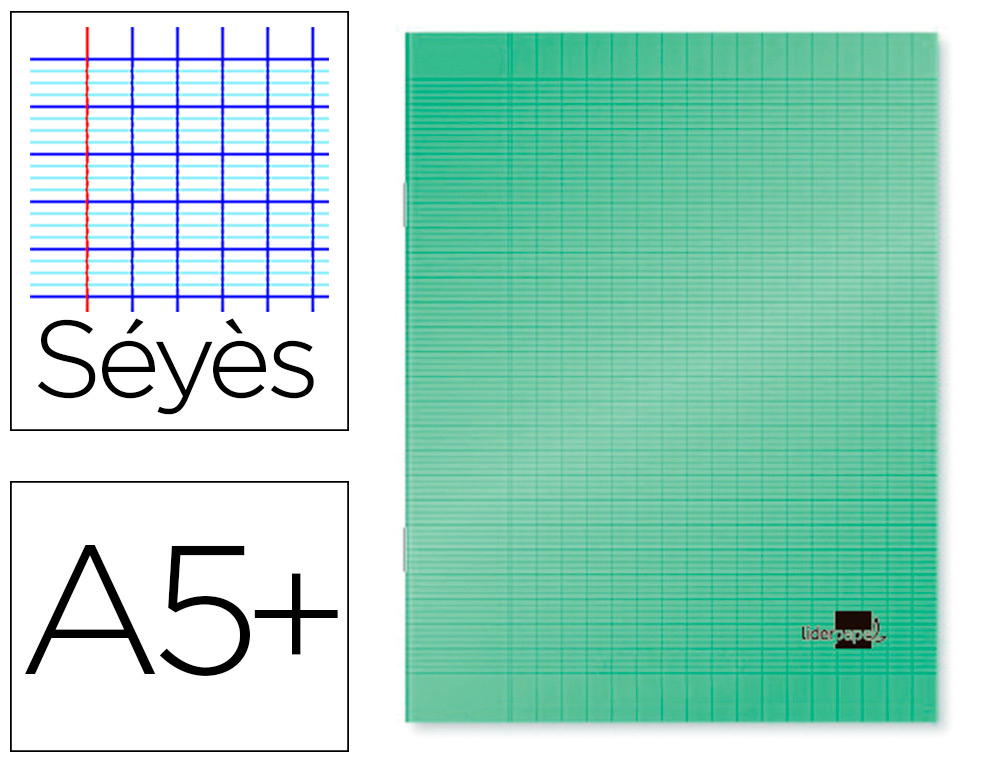 CAHIER PIQU LIDERPAPEL COUVERTURE PLASTIQUE SOUPLE A5+ 17X22CM 90G 96 PAGES SYS COLORIS VERT