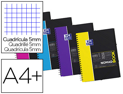 CAHIER SPIRALE OXFORD NOMADBOOK COUVERTURE POLYPROPYLNE A4+ 160 PAGES DTACHABLES 5X5MM 4 TROUS