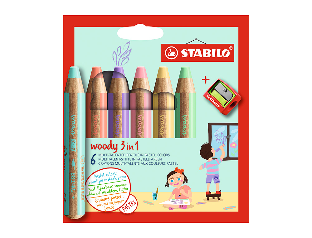CRAYONS MULTI-TALENTS STABILO WOODY 3EN1 + 1                TAILLE-CRAYONS COLORIS        ASSORTIS PASTEL  ETUI CARTON