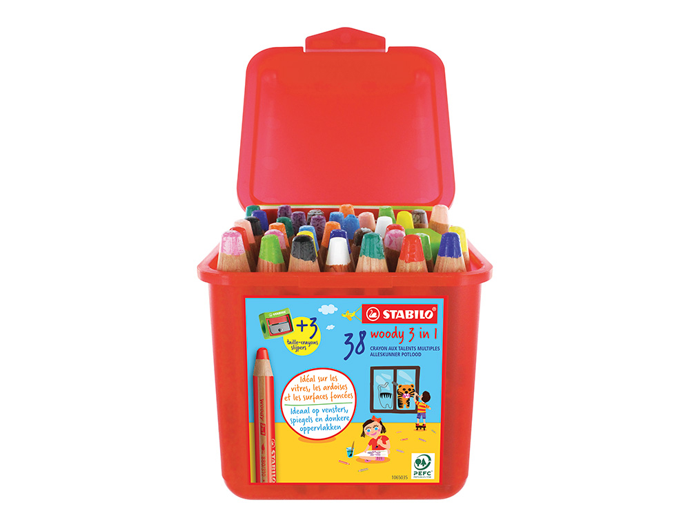 CRAYONS MULTI-TALENTS STABILO WOODY 3EN1 + 3 TAILLE-CRAYONS SCHOOLBOX DE 38