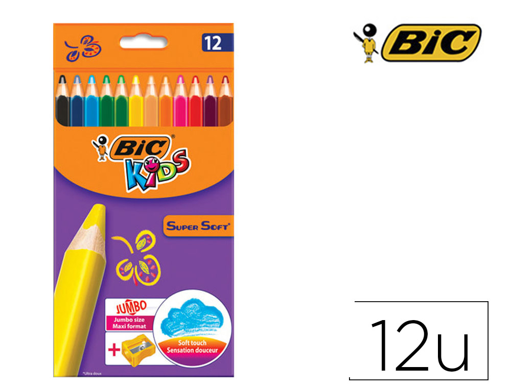CRAYON COULEUR BIC KIDS SUPER SOFT ETUI CARTON 12 UNITES +  1 TAILLE-CRAYONS