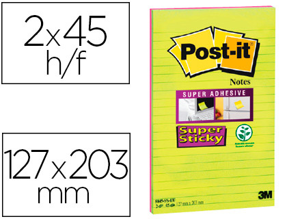 HYPERBURO  BLOC-NOTES POST-IT SUPER STICKY GRAND FORMAT 127X203MM 45F  LIGNÉES REPOSITIONNABLES COLORIS VERT NÉON/FUCHSIA 2 BLOCS