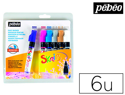 MARQUEUR PEINTURE PBO SKRIB GOUACHE POSIE MCHE 4MM COLORIS VIOLET ROSE BLEU PRIMAIRE ARGENT BLANC ET OR 6 UNITS