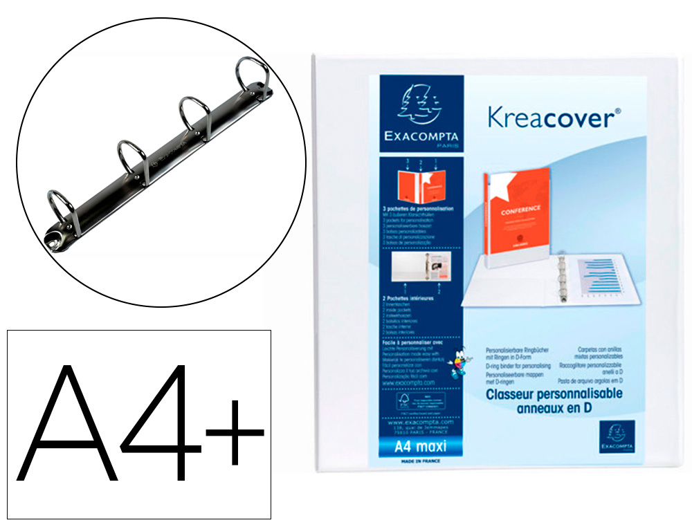 CLASSEUR EXACOMPTA KREACOVER 4 ANNEAUX 40MM A4+ CARTON RECOUVERT POLYPROPYLNE DOS 64MM PERSONNALISABLE BLANC