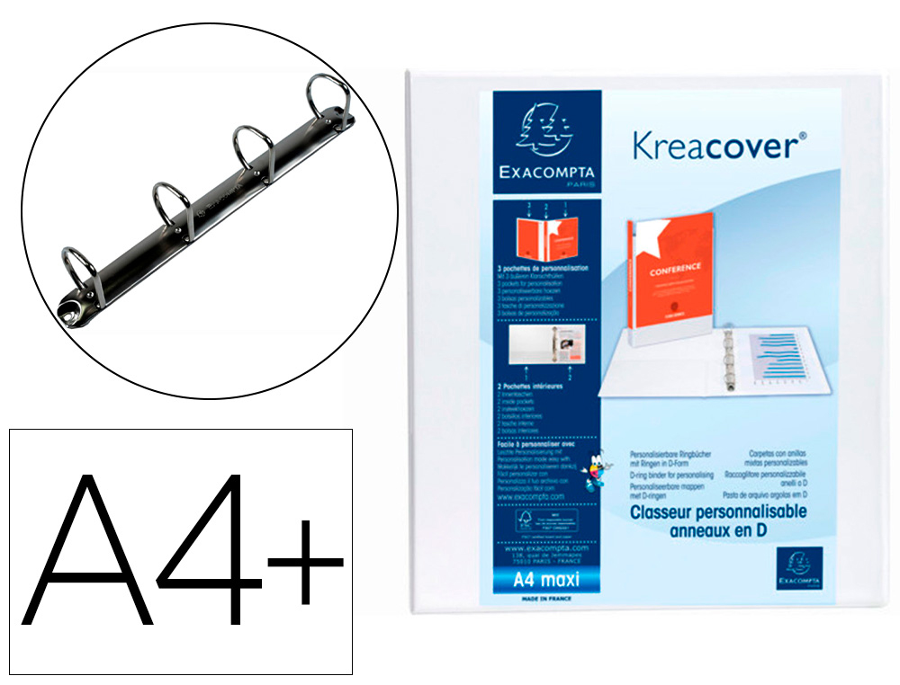 CLASSEUR EXACOMPTA KREACOVER 4 ANNEAUX 50MM A4+ CARTON RECOUVERT POLYPROPYLNE DOS 75MM PERSONNALISABLE BLANC