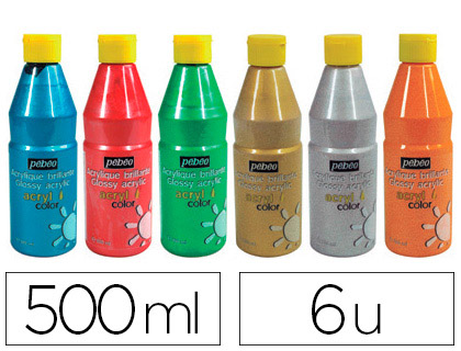 GOUACHE ACRYLIQUE PBO ACRYLCOLOR INDLBILE COUVRANTE BRILLANTE TOUS SUPPORTS COLORIS PAILLETTS LOT 6 FLACONS 500ML