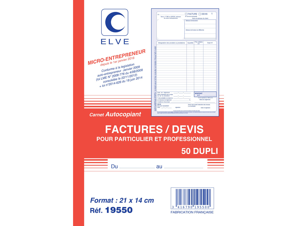 HYPERBURO  CARNET ELVE FACTURES/DEVIS POUR AUTO-ENTREPRENEURS 21X14CM 50  DUPLIS