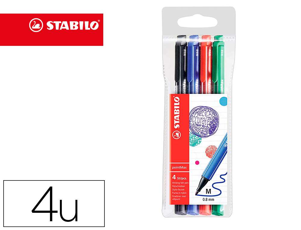 STYLO-FEUTRE STABILO POINTMAX COLORIS NOIR BLEU VERT ROUGE POCHETTE DE 4 UNITS