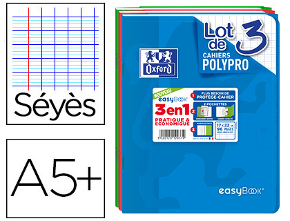 CAHIERS OXFORD EASYBOOK AGRAFES 96P 90G SEYES DIM.    170X220MM ASSORTI - LOT DE 3  UN