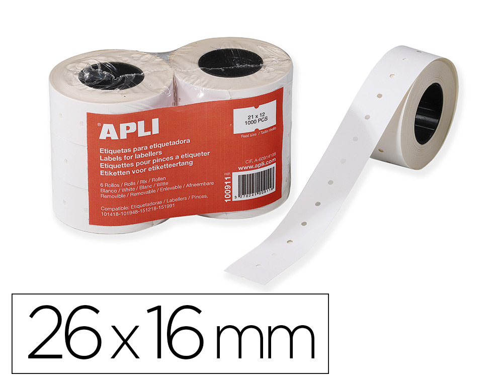 TIQUETTE ADHSIVE APLI AGIPA POUR PINCE ENLEVABLE FORMAT 26X16MM COLORIS BLANC ROULEAU 1000 UNITS LOT DE 6