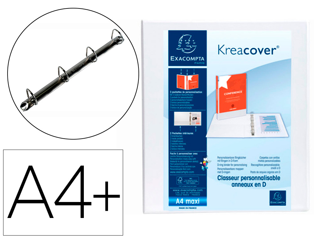 CLASSEUR EXACOMPTA 4 ANNEAUX EN D 30MM POLYPROPYLNE A4+ 32X27,7CM PERSONNALISABLE POCHETTES COLORIS BLANC