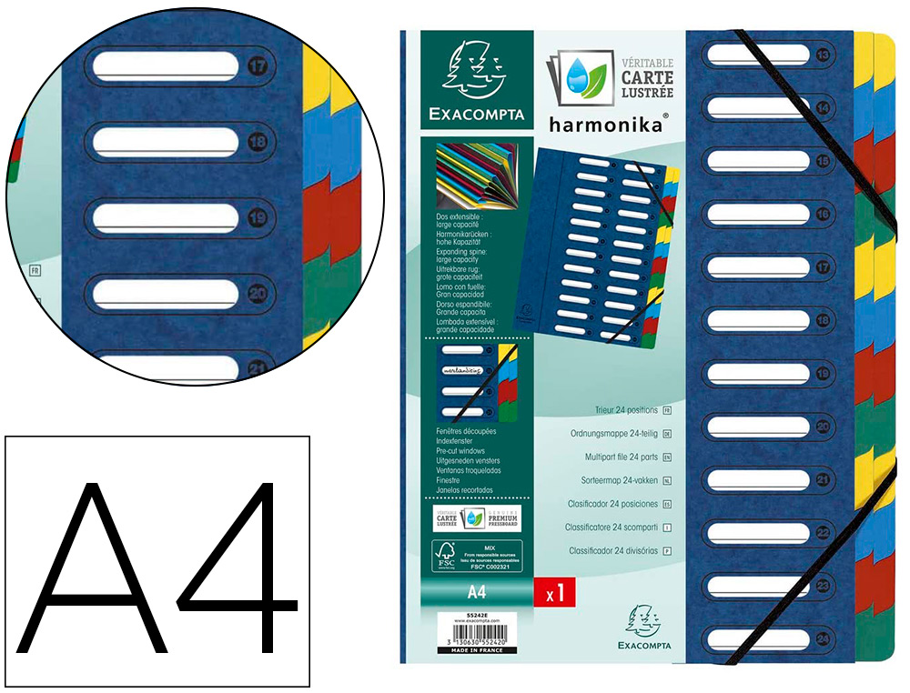 TRIEUR EXACOMPTA HARMONIKA CARTE LUSTRE 24 COMPARTIMENTS FENTRES DOS EXTENSIBLE ONGLETS MULTICOLORES COLORIS ASSORTIS