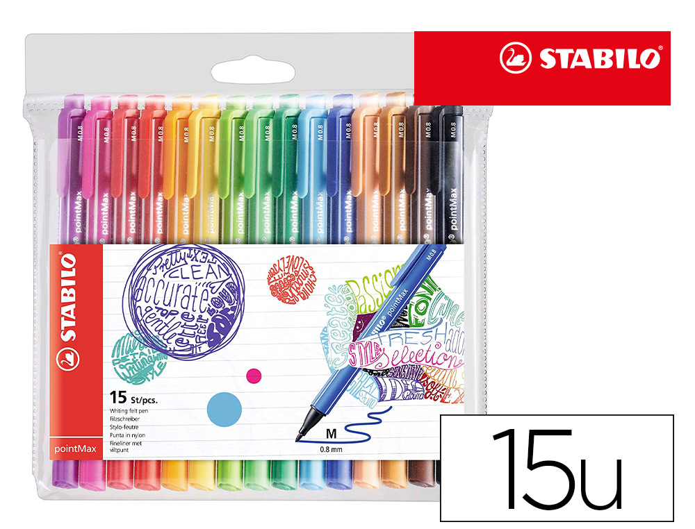 STYLO-FEUTRE STABILO POINTMAX TRACE 0,8MM POINTE MOYENNE    NYLON ULTRA ROBUSTE POCHETTE  15 UNITES ASSORTIES