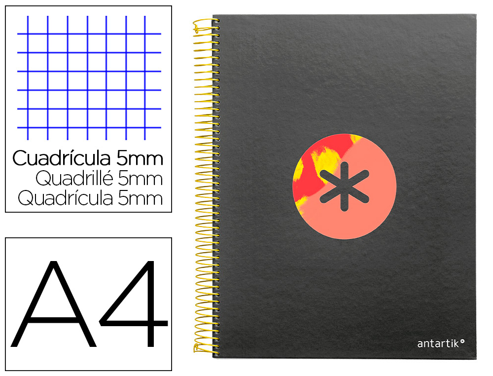 CAHIER SPIRALE LIDERPAPEL ANTARTIK A4 120F 100G REMBORDE5X5MM MICRO-PERF 5 BANDES     4 TROUS TRENDING 2020 NOIR