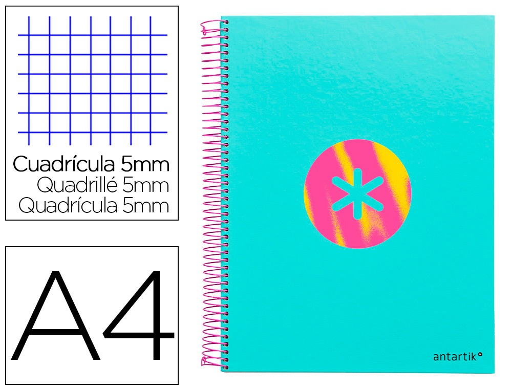 CAHIER SPIRALE LIDERPAPEL ANTARTIK A4 120F 100G REMBORDE5X5MM MICRO-PERF 5 BANDES 4   TROUS TRENDING 2020 TURQUOISE