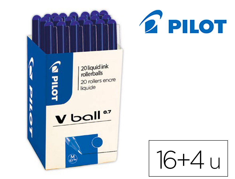 ROLLER PILOT VBALL 07 POINTE METAL CONIQUE ENCRE LIQUIDE   COLORIS BLEU PACK 16 + 4      GRATUITS