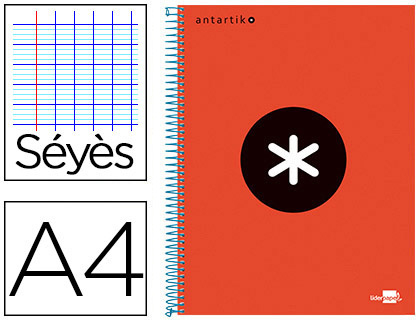CAHIER SPIRALE LIDERPAPEL ANTARTIK A4 240P 100G COUVERTURE  CARTON CONTRECOLLE SEYES MICROPERFORE 4 TROUS ROUGE