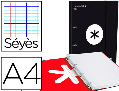 CLASSEUR ANTARTIK 4 ANNEAUX 25MM A4 CARTON REMBORDE       FEUILLETS MOBILES SEYES       COLORIS NOIR
