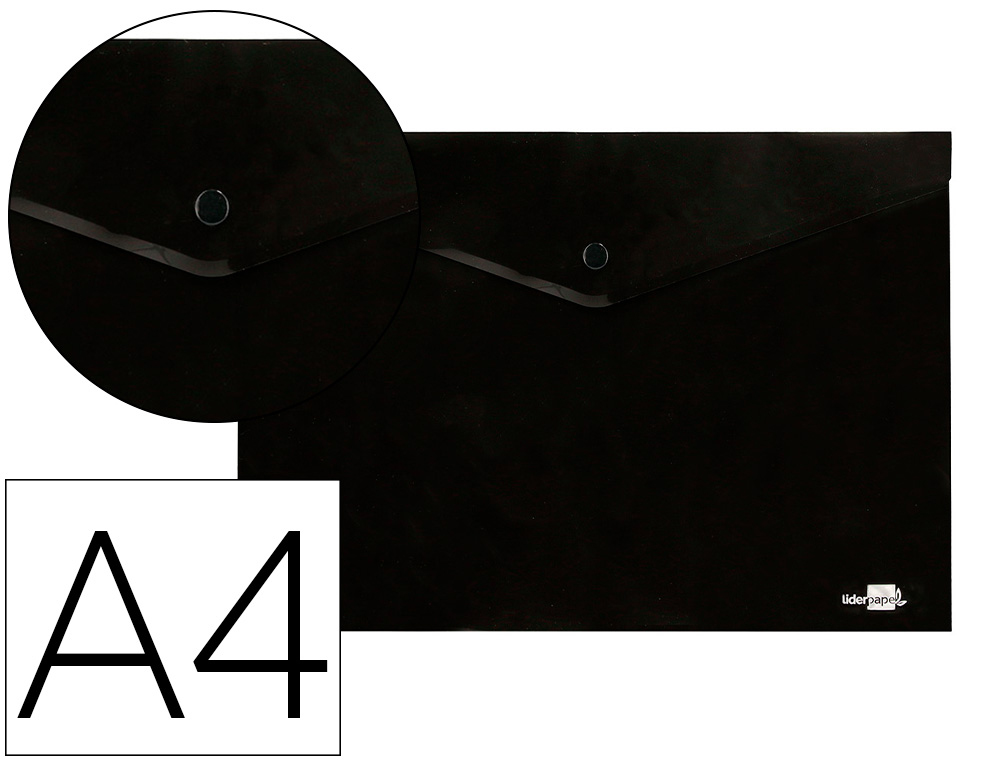 POCHETTE ENVELOPPE LIDERPAPEL POLYPROPYLENE 180 MICRONS A4  97X210MM 50F FERMETURE BOUTON RESISTANT NOIR OPAQUE